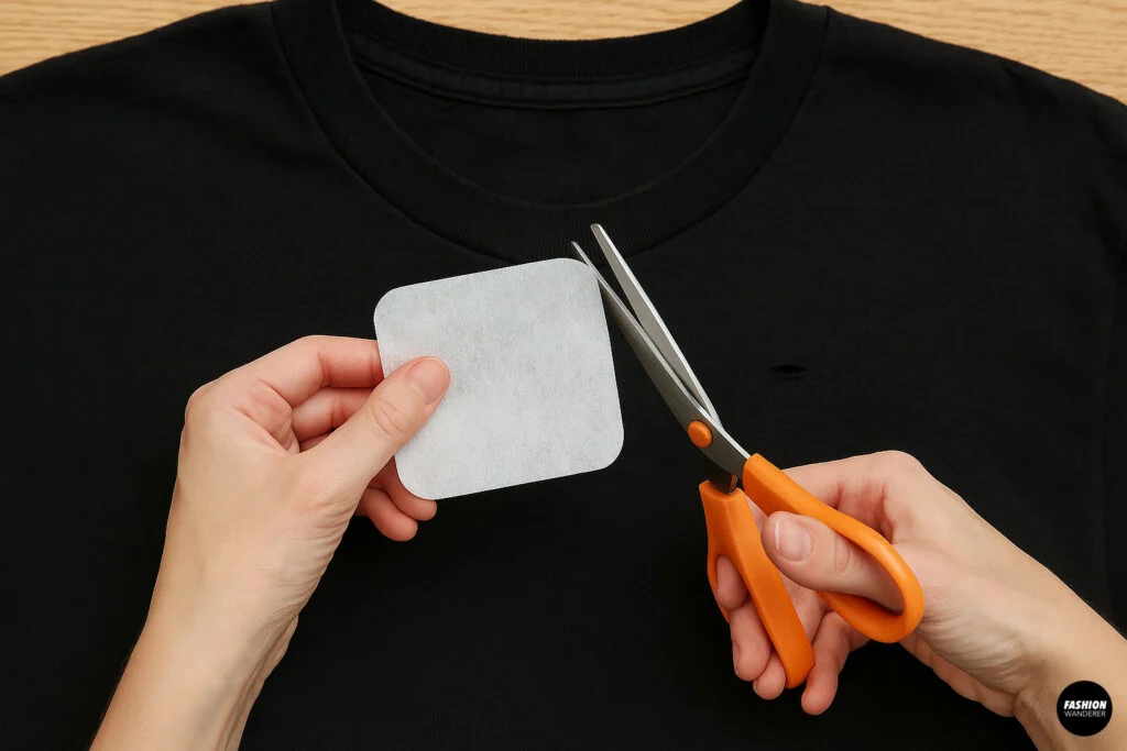 Hands cutting a rounded square of fusible interfacing to patch a hole in a black T-shirt, part of a no-sew repair method.