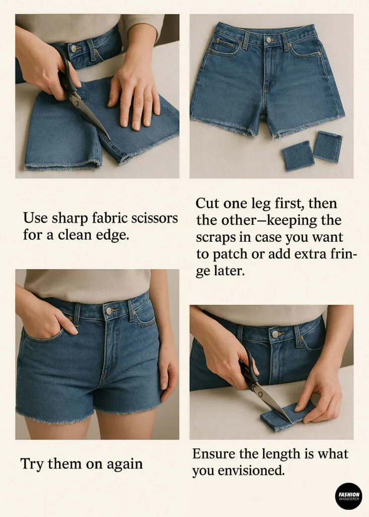 Step-by-step cutting guide for turning jeans into shorts, using fabric scissors and checking length.