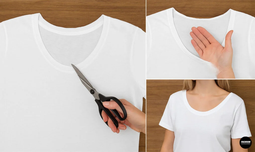DIY tutorial showing how to cut a wider neckline on a white T-shirt with scissors to create a sling opening.