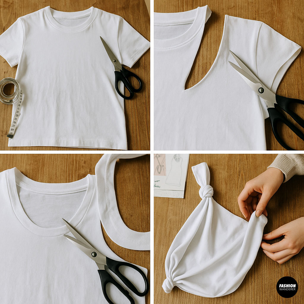 Scissors cutting off the sleeve of a white T-shirt laid flat on a wooden table as part of dog sling DIY.
