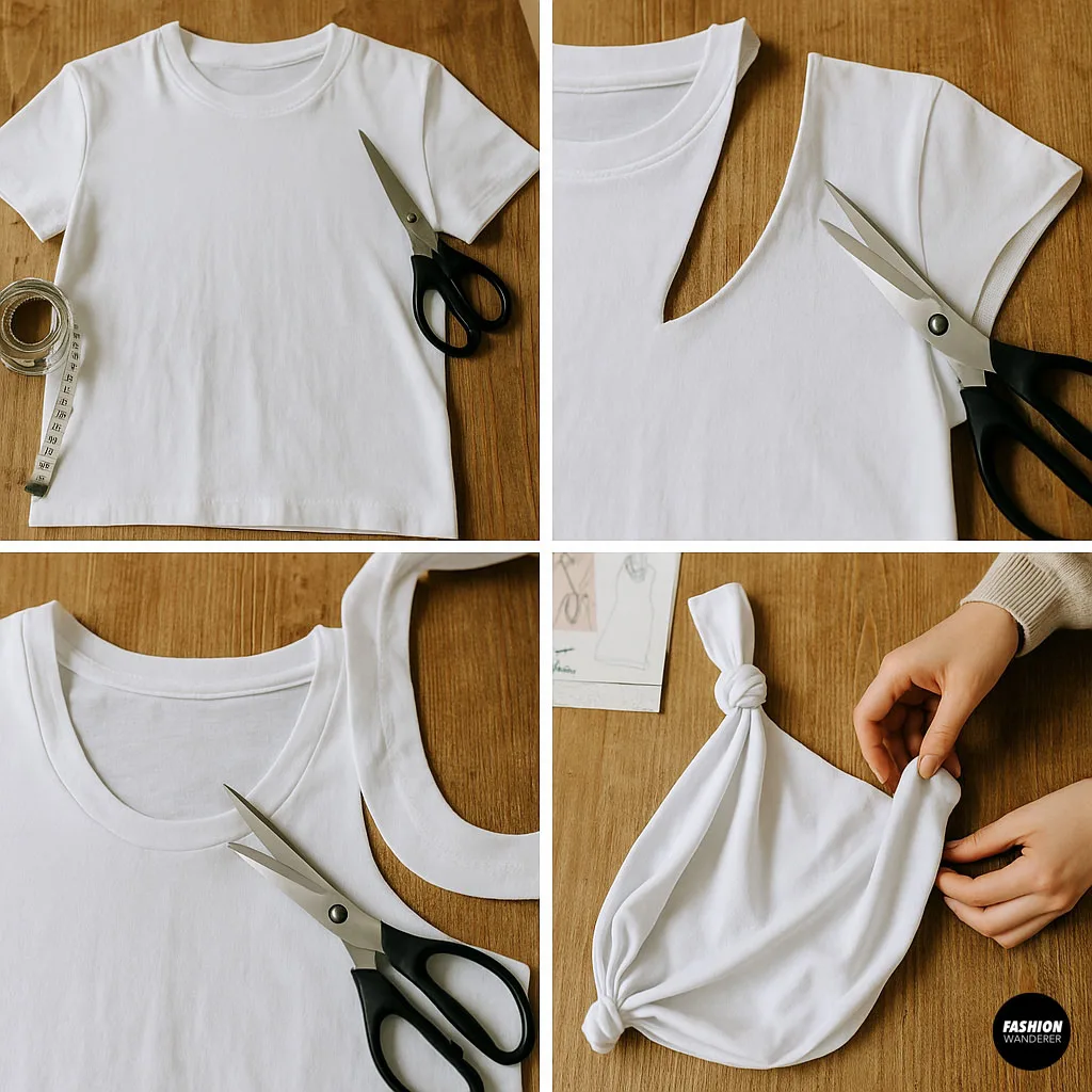 Scissors cutting off the sleeve of a white T-shirt laid flat on a wooden table as part of dog sling DIY.