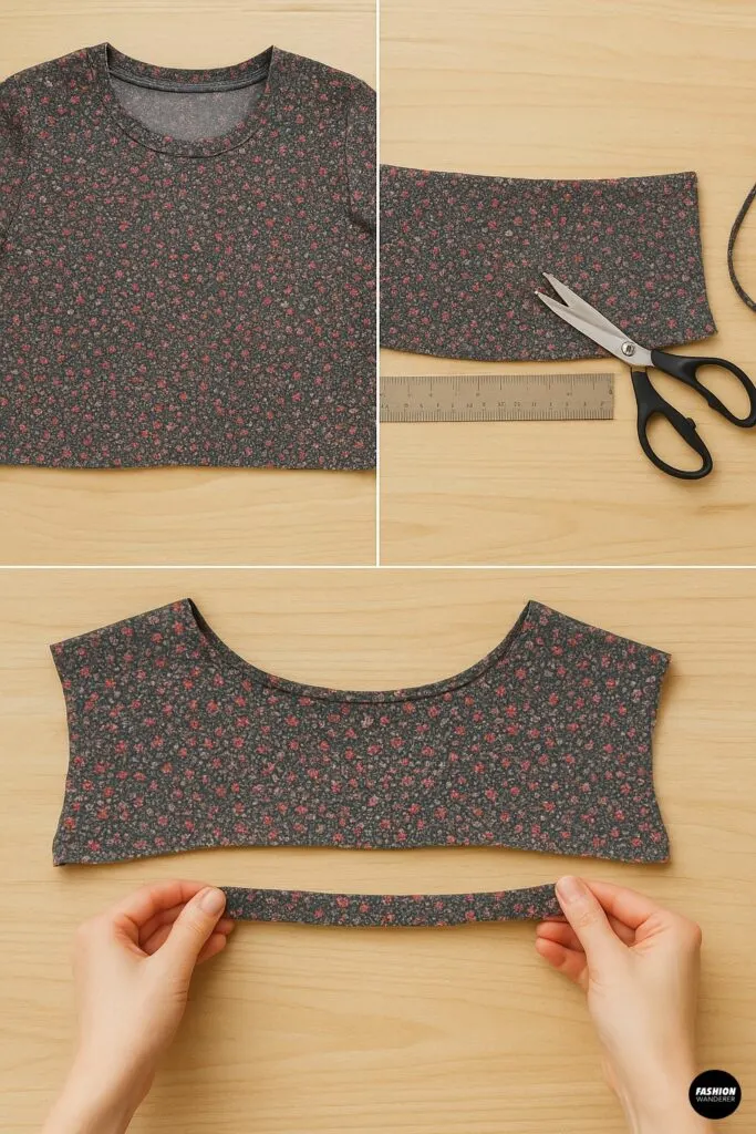 Three-step collage illustrating how to cut a T-shirt into a tube top and strap: the flat floral tee before cutting, sharp fabric scissors trimming the marked line, and the resulting tube top piece and long strap laid out.