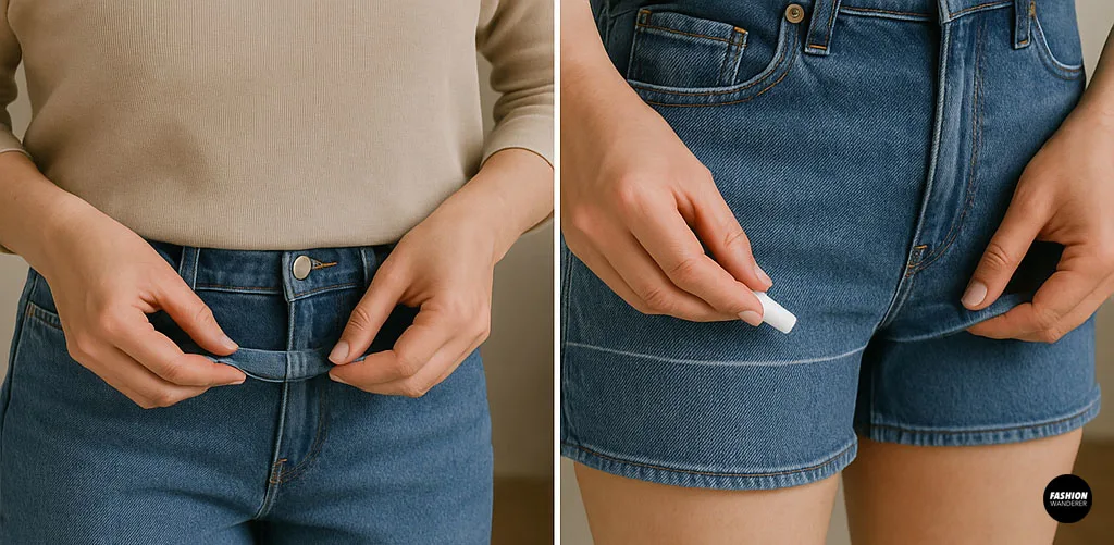 Woman using chalk to mark desired hemline on denim shorts for a custom fit.