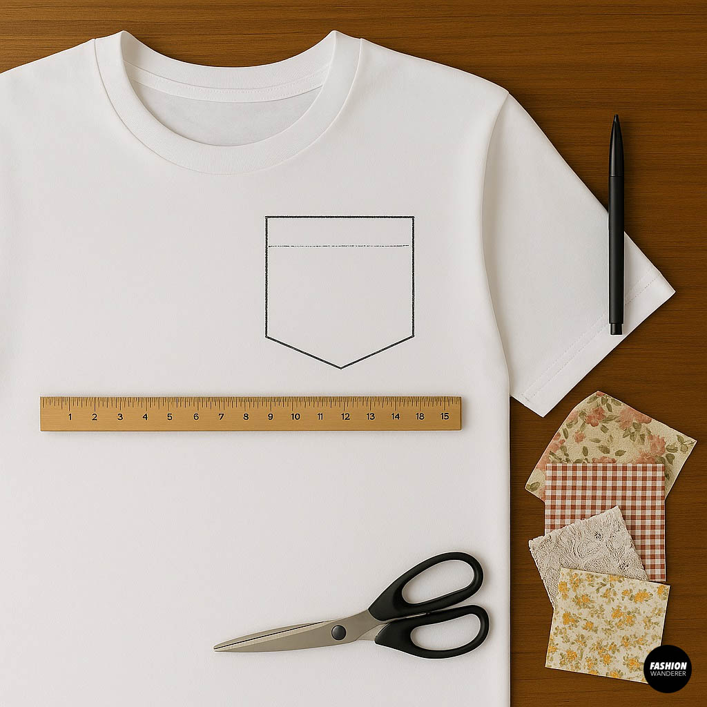White t-shirt laid flat with a pocket outline drawn in black marker, ruler, scissors, and fabric swatches placed beside, showing how to decide pocket size and placement.