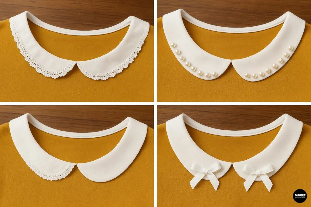Four close-up images of white Peter Pan collars with different no-sew decorative accents: lace overlay trim, pearl bead trim, simple collar, and small satin ribbon bows on a mustard fabric background.