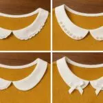 Four close-up images of white Peter Pan collars with different no-sew decorative accents: lace overlay trim, pearl bead trim, simple collar, and small satin ribbon bows on a mustard fabric background.