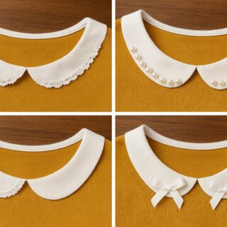 Four close-up images of white Peter Pan collars with different no-sew decorative accents: lace overlay trim, pearl bead trim, simple collar, and small satin ribbon bows on a mustard fabric background.
