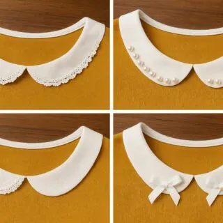 Four close-up images of white Peter Pan collars with different no-sew decorative accents: lace overlay trim, pearl bead trim, simple collar, and small satin ribbon bows on a mustard fabric background.