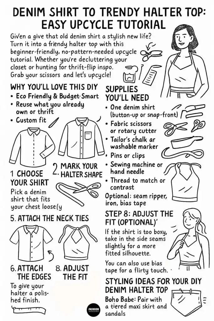 Hand-drawn black-and-white Pinterest infographic tutorial titled “Denim Shirt to Trendy Halter Top: Easy Upcycle Tutorial,” featuring illustrated step-by-step instructions, supply list, and styling ideas for transforming a denim shirt into a halter top.
