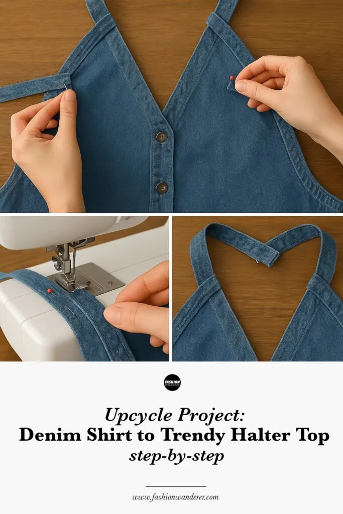 Step-by-step sewing collage for DIY denim halter top: pinning and sewing neckline ties, machine stitching the edge, and finished halter neckline arranged on a wood surface. Bottom overlay text reads “Upcycle Project: Denim Shirt to Trendy Halter Top step-by-step” from fashionwanderer.com.