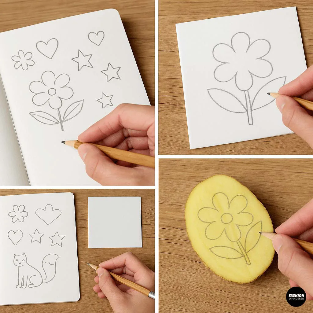 Hand sketching flower, heart, and star designs for a DIY t-shirt stamp project using a pencil and paper.