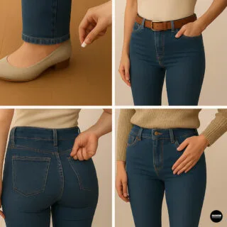 Collage of four images: (left) jeans leg to mark hem length; (right) a hand pinching the side seam of a jeans leg to mark the new seam allowance.