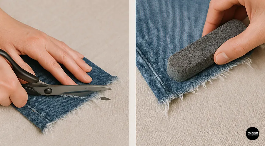Step-by-step cutting guide for turning jeans into shorts, using fabric scissors and checking length.