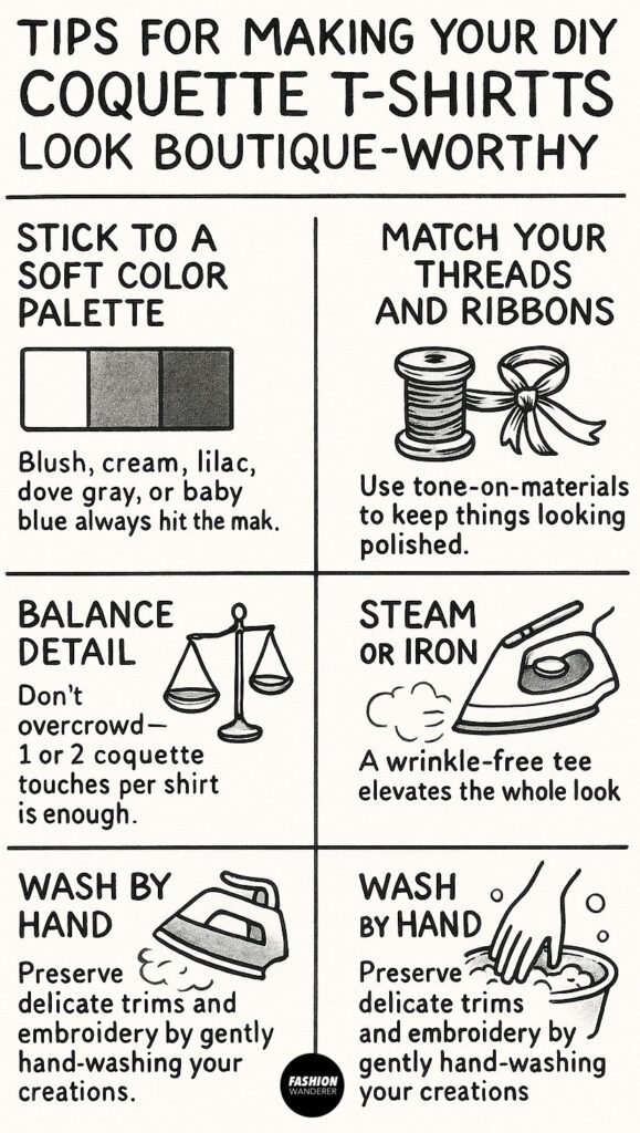 Black and white hand-drawn infographic with 6 expert tips for making DIY coquette t-shirts look boutique-worthy — includes advice on soft color palettes, matching ribbons, balanced details, and hand-washing techniques.