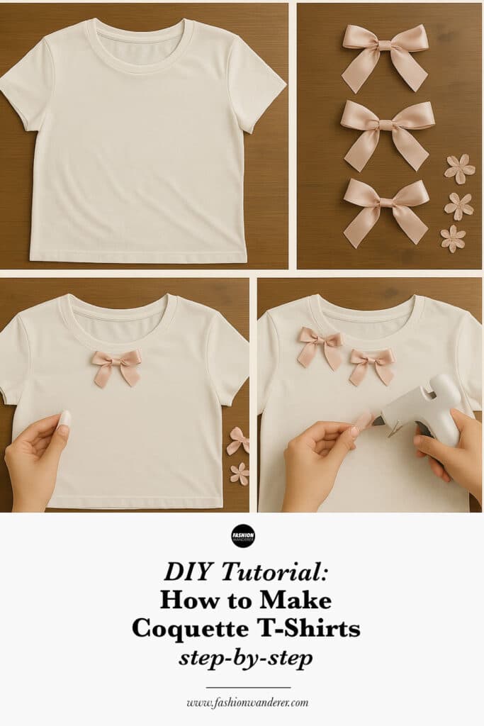 Final image showcasing completed DIY coquette-style t-shirts with bows, lace, and embroidery — stylish handmade shirt ideas using simple trims and no-sew hacks, perfect for soft girl or feminine fashion aesthetics.