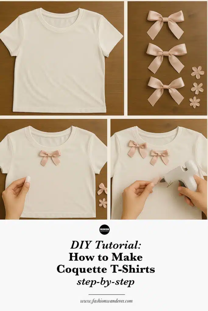 Final image showcasing completed DIY coquette-style t-shirts with bows, lace, and embroidery — stylish handmade shirt ideas using simple trims and no-sew hacks, perfect for soft girl or feminine fashion aesthetics.