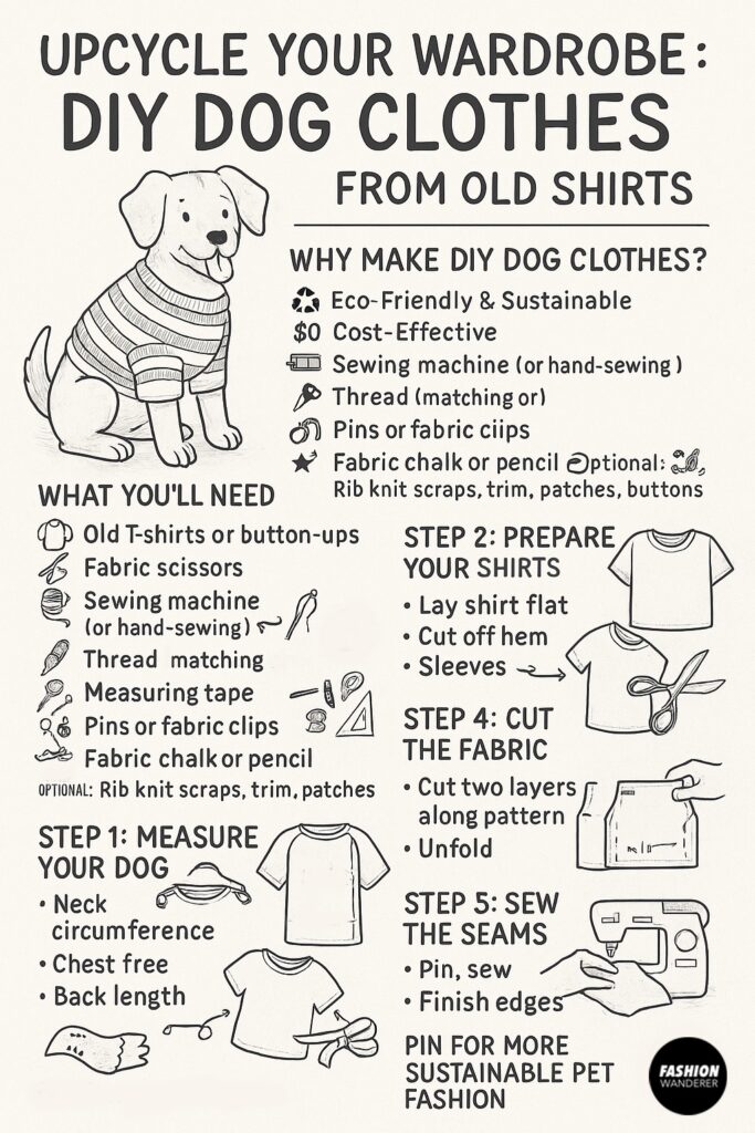 Black and white hand-drawn infographic illustrating steps to upcycle old shirts into custom dog clothes, including materials needed, measuring, preparing fabric, cutting, sewing seams, and personalization tips.
