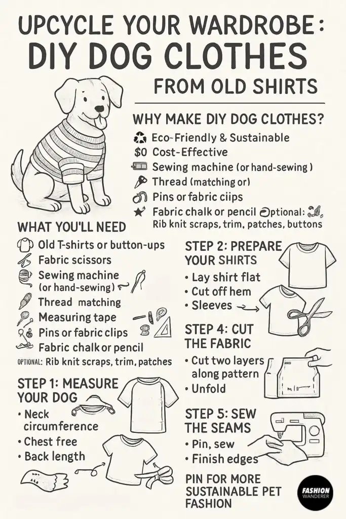 Black and white hand-drawn infographic illustrating steps to upcycle old shirts into custom dog clothes, including materials needed, measuring, preparing fabric, cutting, sewing seams, and personalization tips.