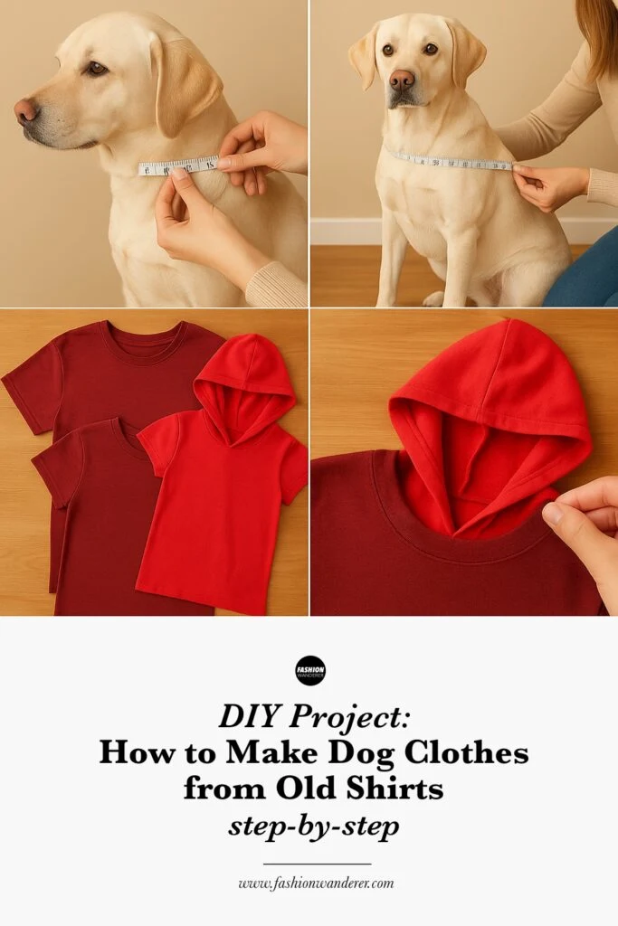 Steps to refashion old shirts into custom dog clothing, including materials needed, measuring, preparing fabric, cutting, sewing seams, and personalization tips.
