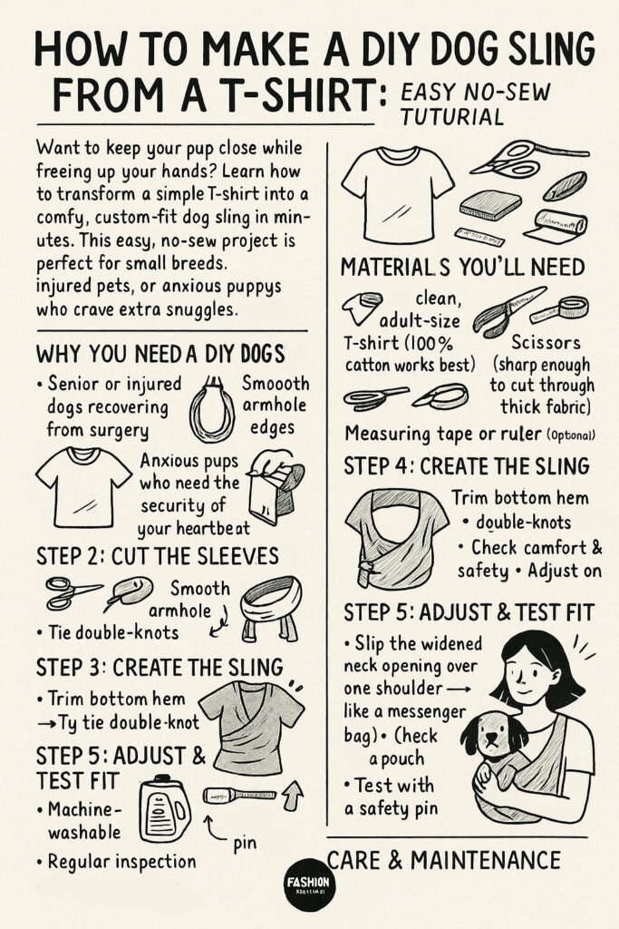Hand-drawn infographic showing how to make a no-sew dog sling from an old T-shirt, including materials and step-by-step instructions.
