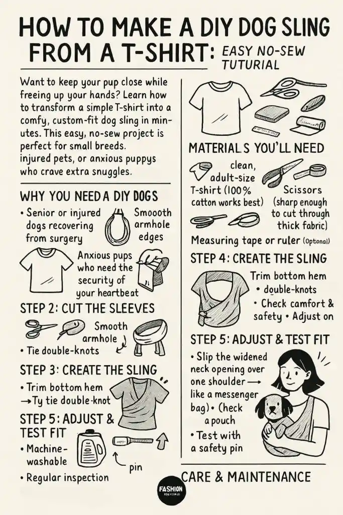 Hand-drawn infographic showing how to make a no-sew dog sling from an old T-shirt, including materials and step-by-step instructions.