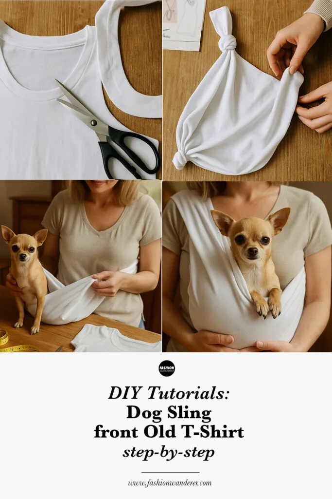 Step-by-step DIY collage showing how to make a no-sew dog sling from a white T-shirt, including cutting sleeves and neckline, tying the sling, inserting a small dog, and testing fit—beginner-friendly project using only scissors and a tee.