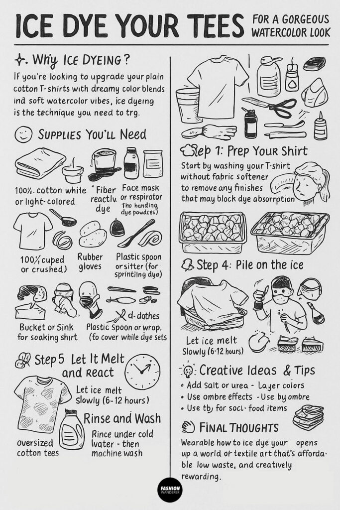 Hand-drawn illustrated infographic titled 'Ice Dye Your Tees for a Gorgeous Watercolor Look' detailing materials needed, preparation steps, piling ice on shirt, melting time, and creative tips for ice dyeing cotton tees.