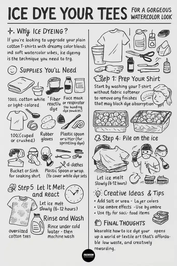 Hand-drawn illustrated infographic titled 'Ice Dye Your Tees for a Gorgeous Watercolor Look' detailing materials needed, preparation steps, piling ice on shirt, melting time, and creative tips for ice dyeing cotton tees.