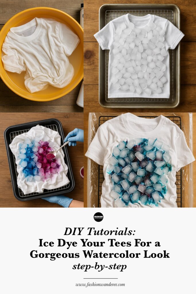 Visual step-by-step tutorial collage showing ice dyeing process with white cotton t-shirt soaking, ice cubes piled on shirt in a baking tray, dye powders being sprinkled over ice, and final watercolor effect forming on the fabric.