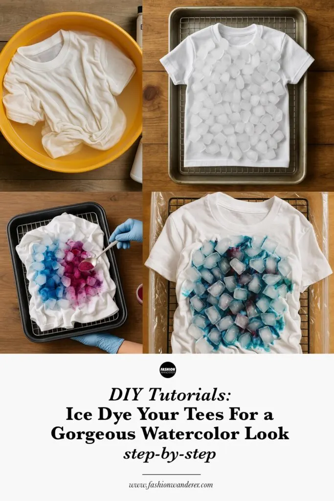 Visual step-by-step tutorial collage showing ice dyeing process with white cotton t-shirt soaking, ice cubes piled on shirt in a baking tray, dye powders being sprinkled over ice, and final watercolor effect forming on the fabric.