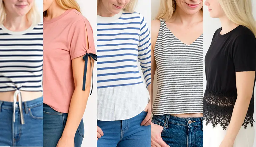 Creative no-sew t-shirt refashion ideas: fringe cut hem, tie-front cardigan, patch pocket tee, cropped puff sleeve shirt, flutter sleeve crop, and black tee with lace trim – trendy DIY fashion makeover.