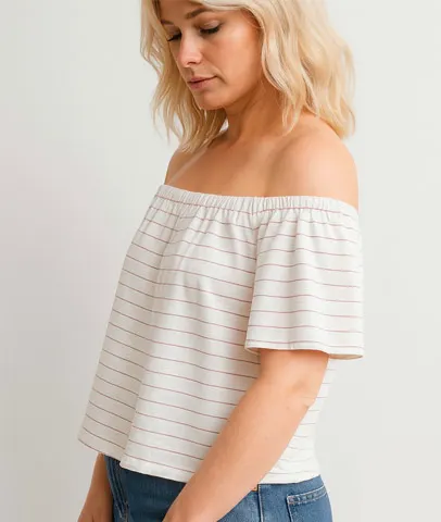 Chic off-the-shoulder striped t-shirt with short flutter sleeves, made from upcycled tee – trendy no-sew summer refashion.