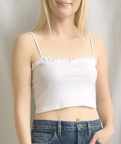 White spaghetti strap ruffle crop cami made from upcycled tee – cute no-sew DIY summer top.