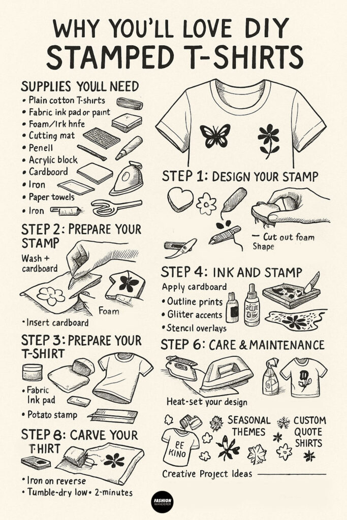 Hand-drawn infographic showing DIY stamped t-shirt tutorial steps and supplies including foam stamps and paint ink.