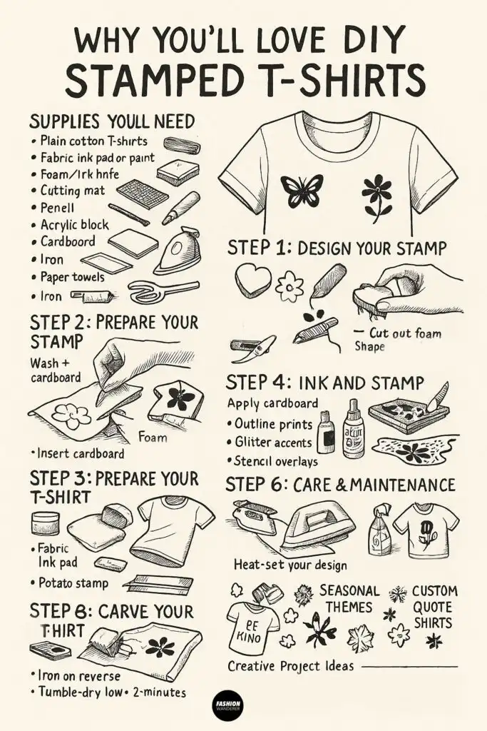 Hand-drawn infographic showing DIY stamped t-shirt tutorial steps and supplies including foam stamps and paint ink.