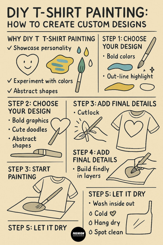Illustrated infographic guide for DIY t-shirt painting — includes tips for choosing designs, layering details, and letting paint dry for lasting custom shirt designs.