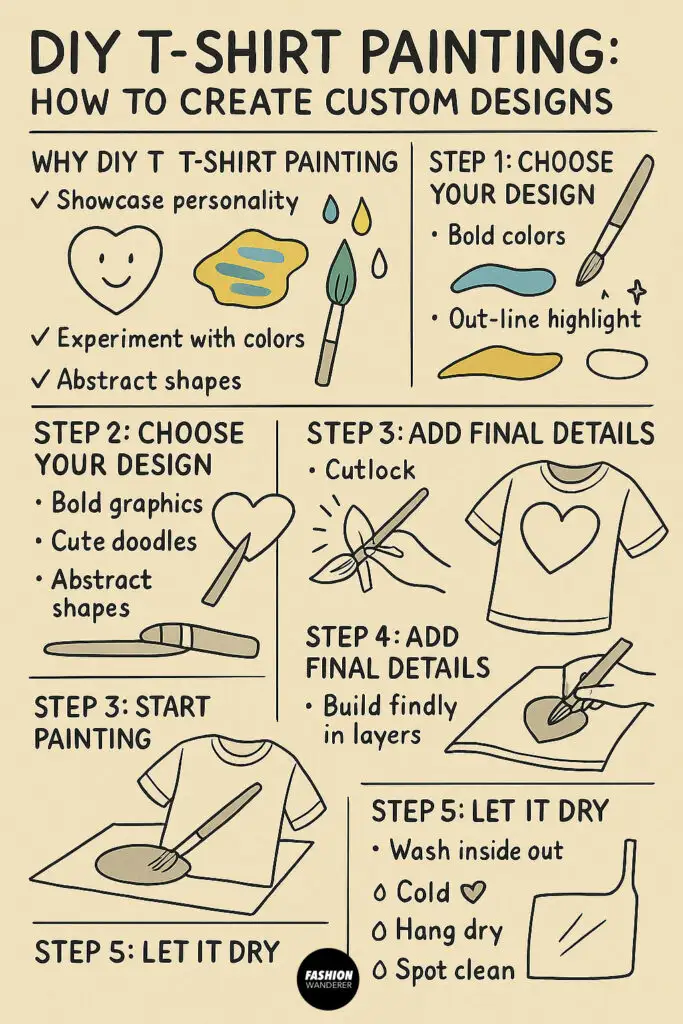 Illustrated infographic guide for DIY t-shirt painting — includes tips for choosing designs, layering details, and letting paint dry for lasting custom shirt designs.