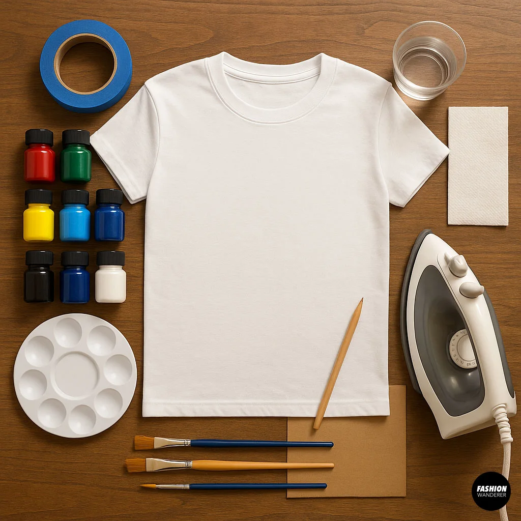 Flatlay of fabric painting supplies for DIY t-shirt art — includes paint jars, brushes, white tee, iron, water cup, masking tape, and paint palette on a wooden table.