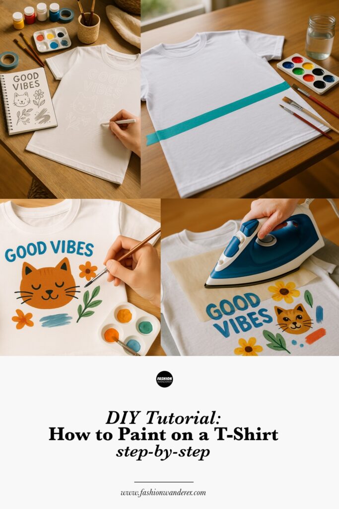 Finished DIY “Good Vibes” painted t-shirt laid flat on wooden floor — features hand-painted orange cat, blue lettering, florals, and leaves for a cheerful and custom graphic tee design.