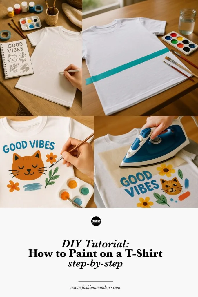 Finished DIY “Good Vibes” painted t-shirt laid flat on wooden floor — features hand-painted orange cat, blue lettering, florals, and leaves for a cheerful and custom graphic tee design.
