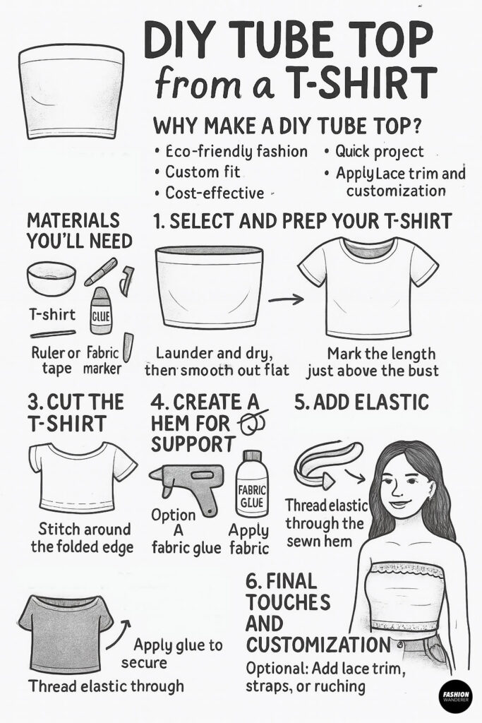 Black and white hand-drawn infographic titled ‘How to Make a DIY Tube Top from a T-Shirt,’ detailing why to upcycle, step-by-step instructions, bonus styling tips, and SEO keyword suggestions.