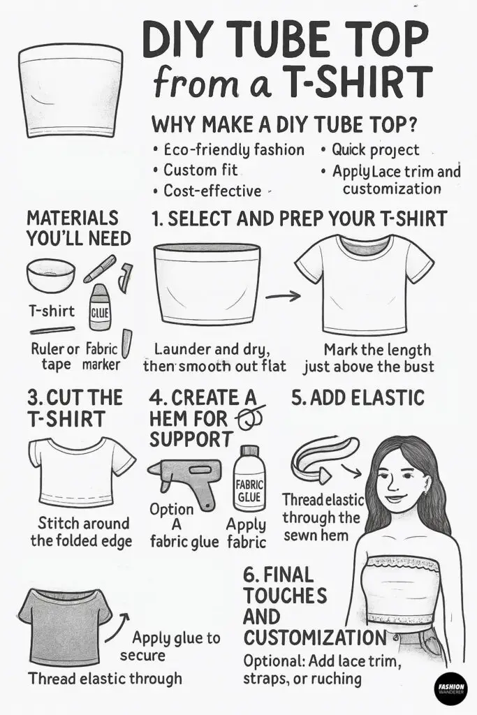 Black and white hand-drawn infographic titled ‘How to Make a DIY Tube Top from a T-Shirt,’ detailing why to upcycle, step-by-step instructions, bonus styling tips, and SEO keyword suggestions.