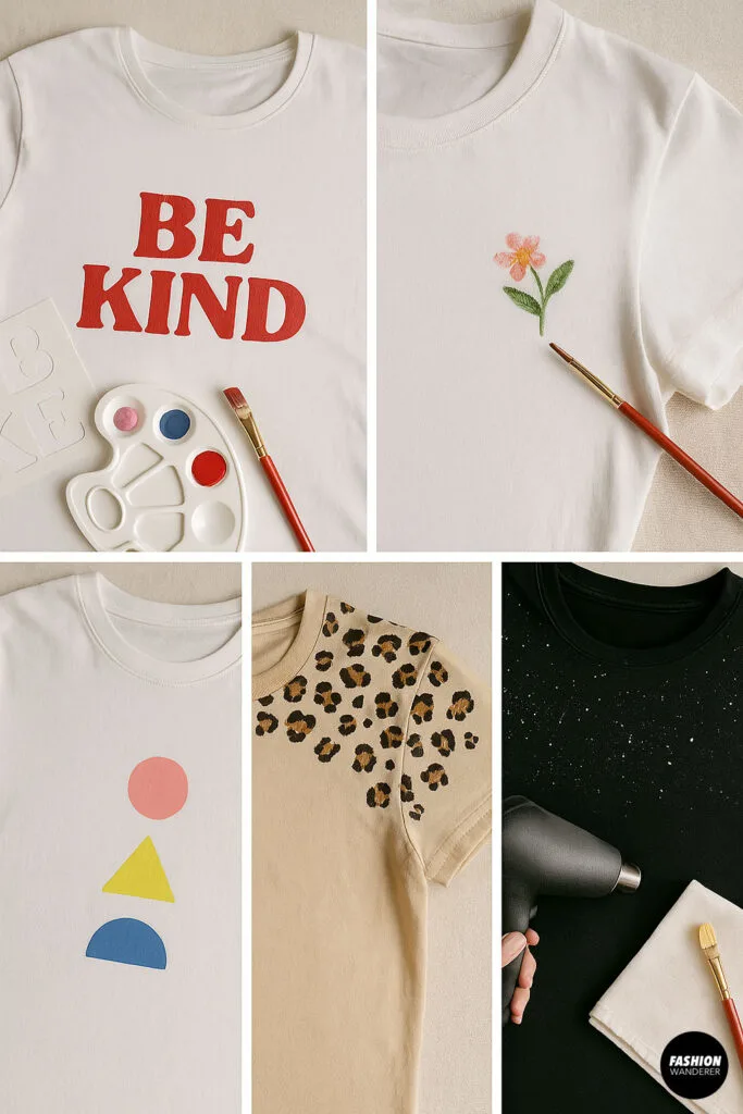 Five DIY t-shirt painting design ideas for beginners — includes stenciled quotes, floral accents, geometric shapes, leopard prints, and galaxy splatter effect on various colored tees.