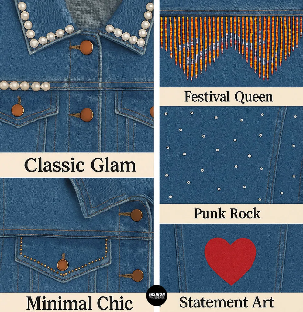 Collage of embellished denim jacket ideas labeled classic glam, festival queen, minimal chic, punk rock, and statement art