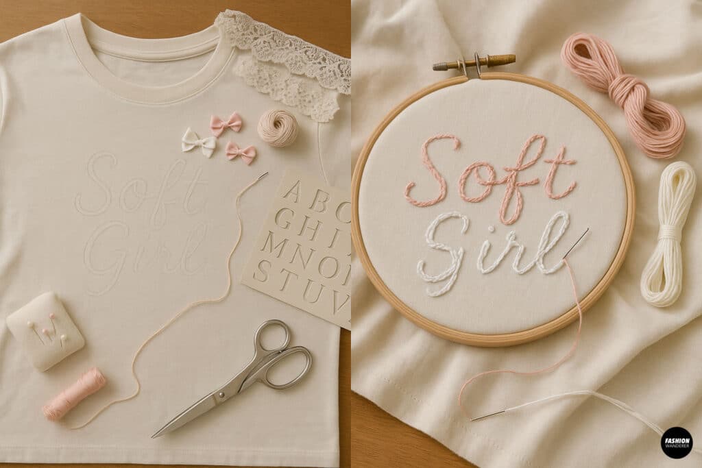 Step-by-step DIY embroidery tutorial for creating “Soft Girl” lettering on a cream t-shirt — features embroidery hoop, pink and white floss, lace trims, and stencils for a sweet and feminine handmade design.