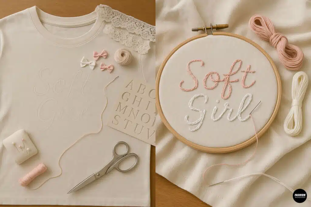 Step-by-step DIY embroidery tutorial for creating “Soft Girl” lettering on a cream t-shirt — features embroidery hoop, pink and white floss, lace trims, and stencils for a sweet and feminine handmade design.