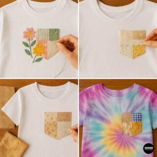 Collage showing embroidered floral accents, lace trim, sewing, and a tie-dye t-shirt with a patchwork pocket to inspire extra cottagecore DIY ideas.