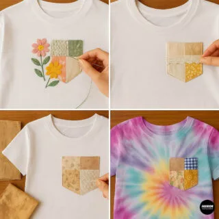 Collage showing embroidered floral accents, lace trim, sewing, and a tie-dye t-shirt with a patchwork pocket to inspire extra cottagecore DIY ideas.
