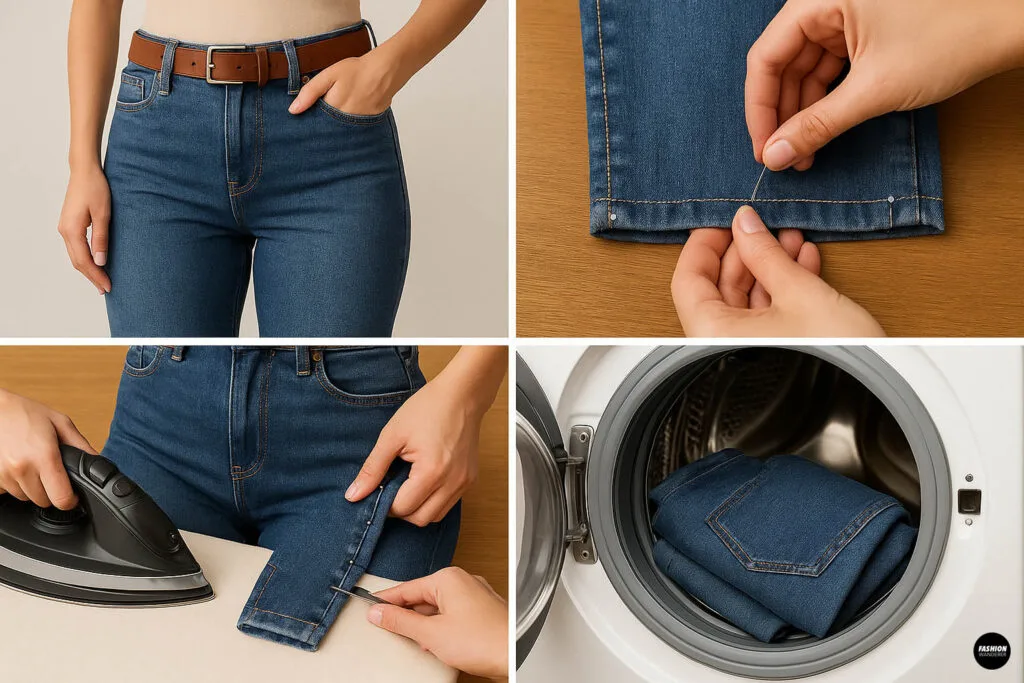 Collage of four images: (top left) front view of tailored high-waist jeans worn with a belt; (top right) close-up of pins securing hem on a jeans leg; (bottom left) hand pressing the altered denim with an iron through a pressing cloth; (bottom right) folded jeans inside a front-load washing machine to finish the alteration.