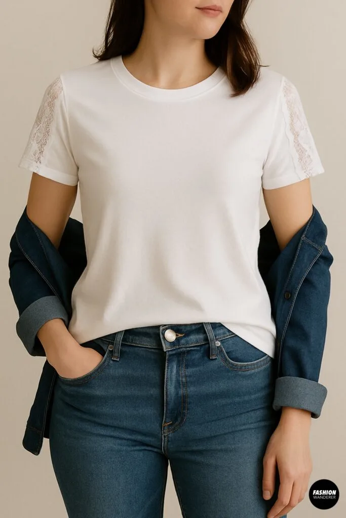 Woman wearing a fitted white T-shirt with lace inserts on the sleeves, styled casually with dark blue jeans and a denim jacket draped off the shoulders.